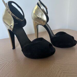 Pierre Hardy Black Suede and Gold Leather Ankle Cuff Sandal Pumps, Size 37